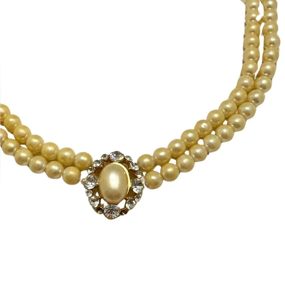 Double Strand Pearls + Pearl Cabochon and Rhinestones Focal Point Prom Jewelry